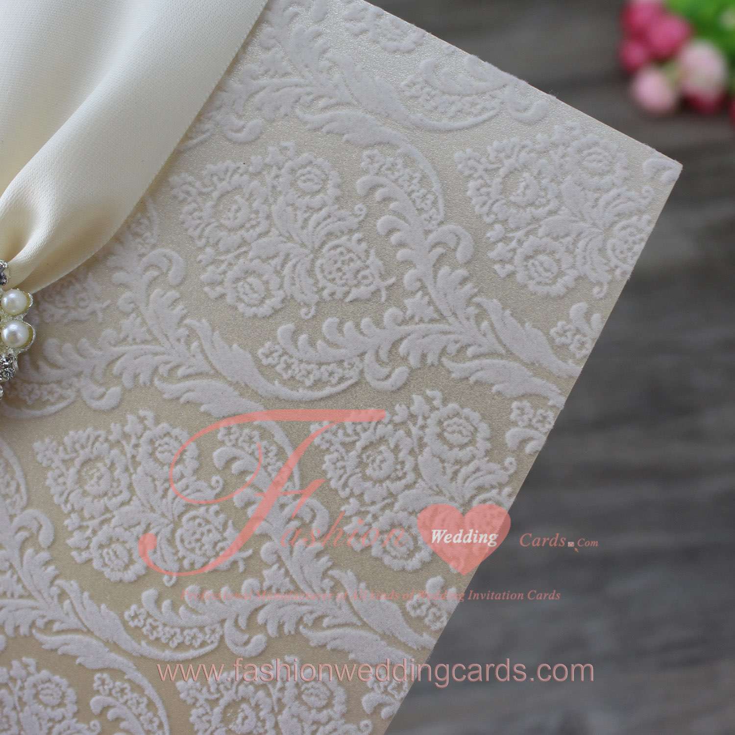 Australia Ivory Flocked Wedding Invitation with Ribbon